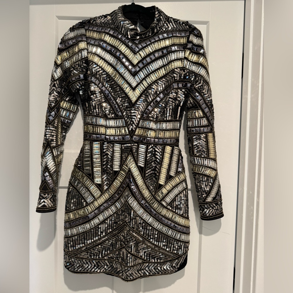 Embellished Long-Sleeve Mini Dress in Black and Gold